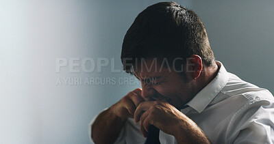 Buy stock photo Upset, employee and man with depression, home and frustration for job loss, space and mental health. Unhappy, person and anxious for unemployment, dismissal or fired from work and financial crisis