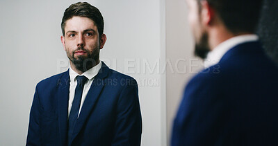 Buy stock photo Business man, mirror and motivation for manifestation, self affirmation and ego boost in home. Serious person, reflection and growth mindset in house for morning routine, goals and prepare ambition