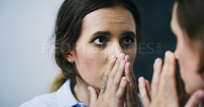 Buy stock photo Thinking, woman and reflection of mirror with psychosis, dissociation crisis and identity confusion. Female person, anxiety and asylum patient for split personality, mental illness and inner conflict