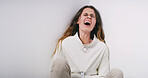 Woman, screaming and mental hospital with straitjacket for schizophrenia in psychiatric facility. Female person, bipolar or shouting with scared trauma or paranoid in asylum for psychosis on space