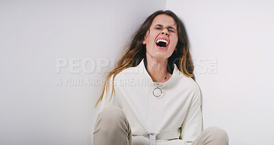 Buy stock photo Woman, screaming and mental hospital with straitjacket for schizophrenia in psychiatric facility. Female person, bipolar or shouting with scared trauma or paranoid in asylum for psychosis on space