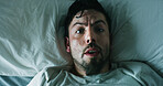 Man, portrait and bed with nightmare above for psychosis, mental health or insomnia in asylum. Top view, male person or awake with scare, panic or fear for paranoid stress or sleep apnea in bedroom