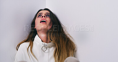 Buy stock photo Woman, scared and mental hospital with straitjacket for schizophrenia in psychiatric facility. Female person, bipolar or horror with trauma, phobia or paranoid fear in asylum for psychosis on space