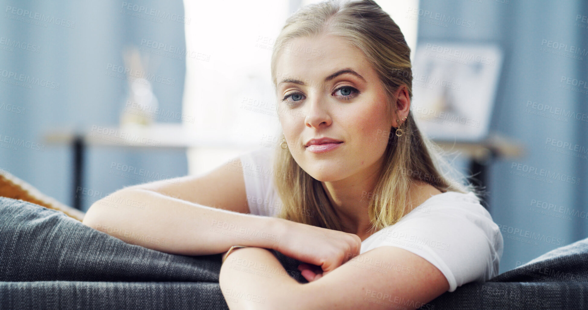 Buy stock photo Portrait, house and woman on sofa, relax and weekend break with positivity in living room. Apartment, happiness and person on couch, resting and morning with mindfulness, wellness satisfaction