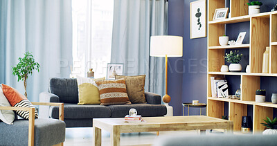 Buy stock photo Empty, interior and living room with furniture in home for, security, clean and real estate. Flat, background or lounge in residential property with ergonomic design, decoration or comfortable layout