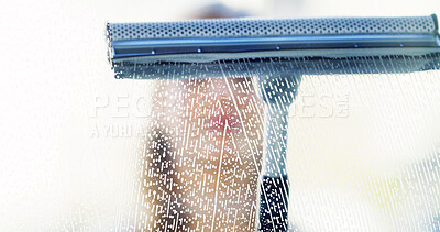 Buy stock photo Chores, person and cleaning window with squeegee for hygiene, maintenance and housework. Glass, cleaner and wipe with chemical soap for disinfection, sanitation wash and housekeeping with tools