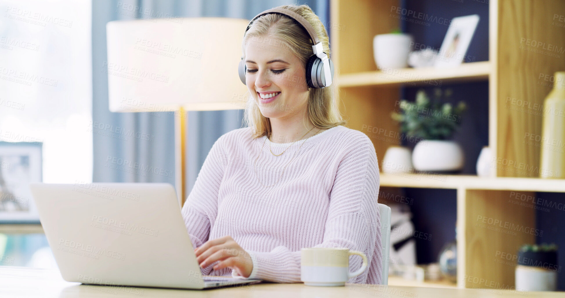 Buy stock photo Laptop, education and headphones with woman in home office for elearning, study and blog. Digital, online class and college with female student for virtual, streaming and subscription and research