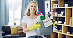 Happy woman, portrait and cleaning with bucket of supplies in home for housekeeping, chores or tidy. Female person, cleaner or homeowner with smile, detergent or equipment for hygiene or dirt removal