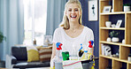 Portrait, housekeeping and woman in home with supplies, sanitize and bucket for domestic cleaning. Smile, hygiene and person in living room with detergent, maintenance or disinfectant in home care.