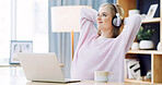 Laptop, relax and headphones with woman for elearning, study and blog in home office. Education, online class and college with female student for virtual, streaming and subscription and research
