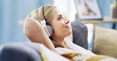 Buy stock photo Relax, headphones and smile with woman on sofa for streaming service, guided meditation and white noise. Zen radio, subscription and mindfulness with person in living room of home for wellness
