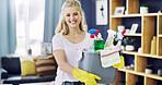 Happy woman, portrait and cleaning supplies with bucket in home for housekeeping, chores or tidy. Female person, cleaner or homeowner with smile, detergent or equipment for hygiene or dirt removal