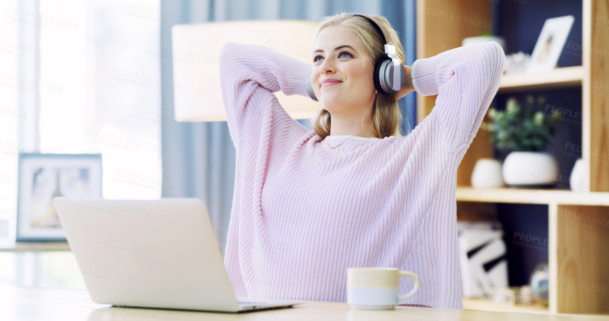 Buy stock photo Laptop, relax and headphones with woman for education, study and blog in home office. Elearning, online class and college with female student for virtual, streaming and subscription and research
