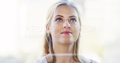 Buy stock photo Woman, thinking and smile by window in home with reflection, memory or perspective in morning. Girl, happy and insight with inspiration, nostalgia and mindset by glass for decision at apartment