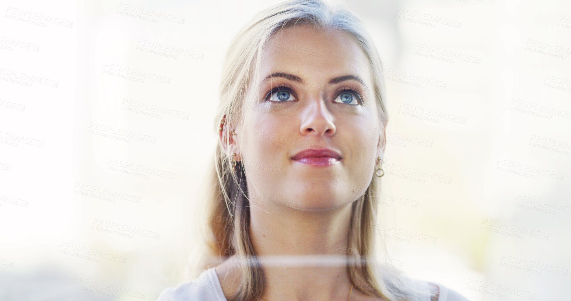 Buy stock photo Woman, thinking and smile by window in home with reflection, memory or perspective in morning. Girl, happy and insight with inspiration, nostalgia and mindset by glass for decision at apartment