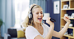 Karaoke, hair brush and dance with woman in home for singing, streaming and soundtrack. Headphones, relax and radio subscription with person in living room of apartment for audio and music connection