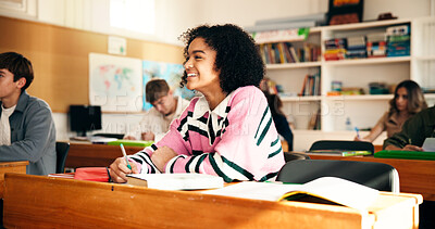 Buy stock photo High school students, girl or listening in classroom for learning, geography lesson and education. Happy teenager, people and attention with books in tutorial for curriculum guidance and development