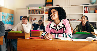 Buy stock photo Learning, class and happy girl listening in high school for notes, education and academic knowledge. Teen students, smile and study in academy for geography lesson, scholarship course or development