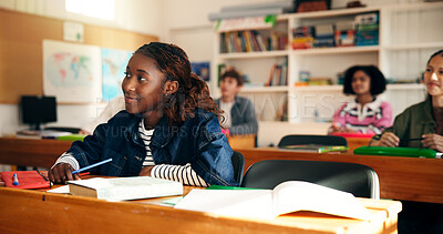 Buy stock photo Education, class and happy girl listening in high school for notes, learning and science knowledge. Teen students, smile and study in academy for geography lesson, scholarship course or development