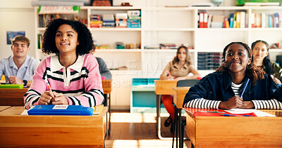 Buy stock photo Girl, teenager and listen in classroom for education, information and tips for assessment at high school. Pupil, group and happy for development, scholarship and learning with attention at academy