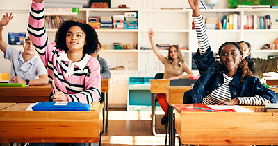 Buy stock photo Question, class and students in classroom at high school with learning, education or participation in lesson. Teen, group and people raising hands for knowledge, academic development and interaction