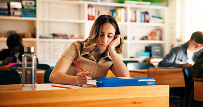 Buy stock photo Thinking, education or student in classroom for college admission tests, writing and quiz. Aptitude assessment, knowledge and academy with girl learning in high school for lesson, scholarship or exam