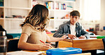 People, students and cheating with notes in exam for answer, test or secret in classroom. Teenager, group or learners passing with message for question, rumor or letter in school assessment or class