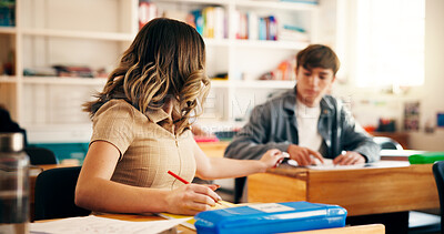 Buy stock photo People, students and cheating with notes in exam for answer, test or secret in classroom. Teenager, group or learners passing with message for question, rumor or letter in school assessment or class