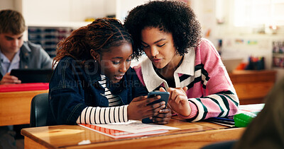 Buy stock photo Education, internet and girls in classroom, smartphone and conversation with social media. Students, teenagers or friends with discussion, high school or cellphone with knowledge, app or test results
