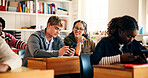 Learning, students or friends with phone in classroom for research, online course or smile. Teenager, boy and girl with mobile for education assignment, scholarship or chat for high school curriculum