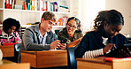 Learning, students or friends with mobile in classroom for research, online course or smile. Teenager, boy and girl with phone for education assignment, scholarship or chat for high school curriculum