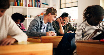 Buy stock photo Laughing, friends and searching with phone, classroom or watching funny videos on social media. Teenagers, boy and girl with students for entertainment, break or humor for comedy on website in school