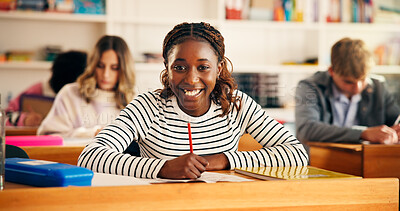 Buy stock photo Excited, writing and portrait of teenager in classroom for learning, education or development. Smile, books and girl student with studying at high school for test, exam or assignment on campus.