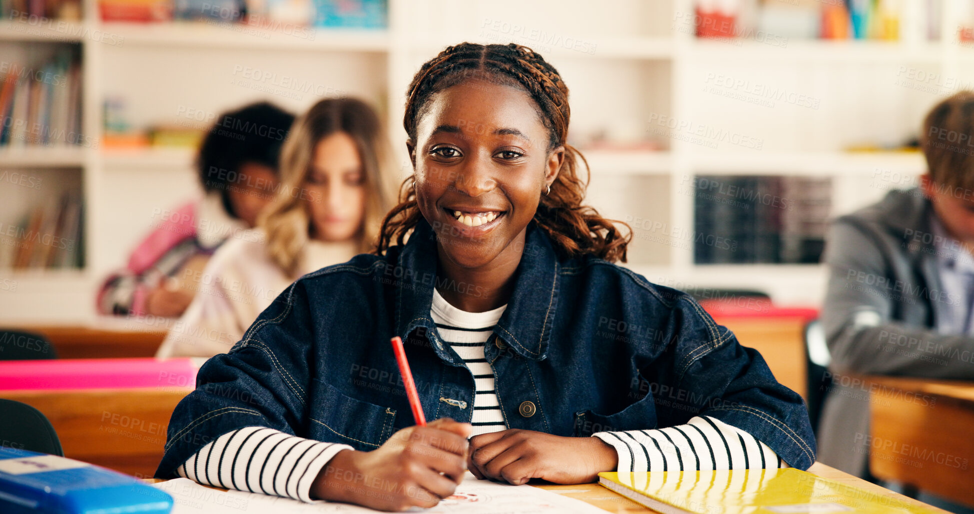 Buy stock photo Happy, writing and portrait of teenager in classroom for learning, education or development. Smile, books and girl student with studying at high school for test, exam or assignment on campus.