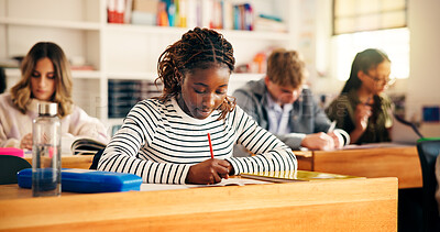 Buy stock photo High school students, girl and writing on paper for exam assessment, quiz evaluation or learning. Teenager, education and group with aptitude test in classroom for scholarship, essay and development