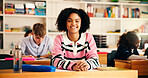 Girl, teenager and portrait in classroom with smile, information and excited for education at high school. Pupil, pride and happy for development, scholarship and learning with course at academy