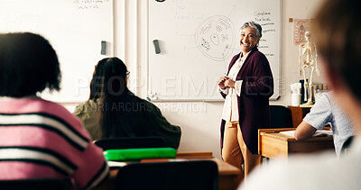 Buy stock photo Happy woman, teacher or students with whiteboard for science lesson, education or learning in class. Female person, educator or lecturer with smile or group of learners for biology in classroom