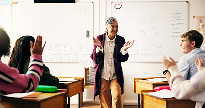 Buy stock photo Teacher, students or woman excited in classroom, education or motivation for natural science question. Knowledge, school kids or mature educator with engagement, inclusion or discussion in curriculum