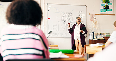 Buy stock photo Woman, teacher or students with whiteboard for science lesson, education or learning in class. Female person, educator or lecturer with group of learners for diagram teaching or question in classroom