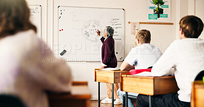 Buy stock photo Woman, teacher or writing with students on whiteboard for science lesson, education or learning. Female person, educator or lecturer teaching with group for diagram of animal cell in classroom