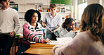 Group, education and student in classroom for college admission, project and feedback. Aptitude assessment, knowledge and people with collaboration in high school for lesson or scholarship exam