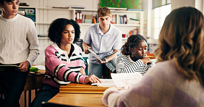 Buy stock photo Group, education and students in classroom for college study, project team and feedback. Communication, knowledge and people with collaboration in high school for lesson or scholarship support