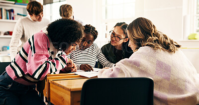 Buy stock photo Group, collaboration and people in classroom for college study, project and feedback. Development, knowledge and students with education in high school for lesson, scholarship and brainstorming team