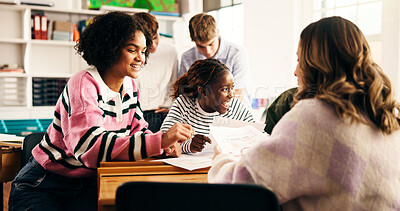 Buy stock photo High school, education and girls in classroom, friends and documents with assessment. Group project, academic development and students with discussion, smile and test with teenagers and communication