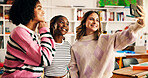 Happy girls, students and selfie with classroom for photography, picture or memory together. Female people, teenager or group of friends with smile for capture moment, social media or post in school