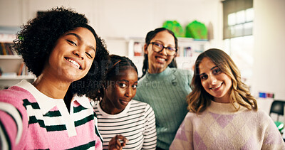 Buy stock photo Selfie, students and smile with girls in classroom for social media post, study group and picture. Education, photography and high school memory with teenagers on campus for friends and support