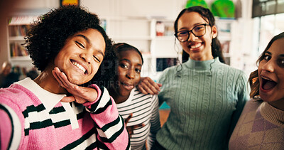 Buy stock photo Selfie, students and friends or girls in classroom for social media post, study group and picture. Education, photography and high school memory with teenagers on campus for smile and support