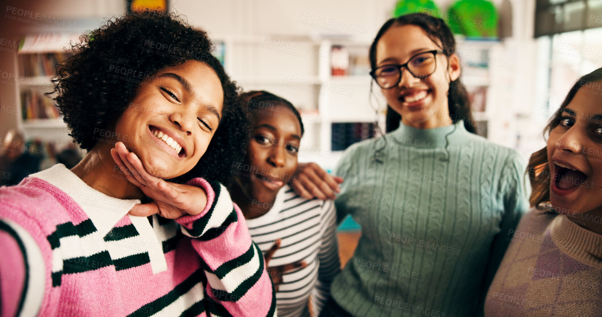 Buy stock photo Selfie, students and friends or girls in classroom for social media post, study group and picture. Education, photography and high school memory with teenagers on campus for smile and support