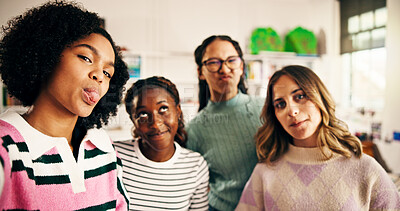 Buy stock photo Selfie, students and funny face with girls in classroom for social media post, study group and picture. Education, photography and high school memory with teenagers on campus for friends and support