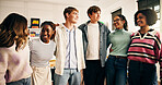 Education, happy or group of students hug in classroom, friends bonding or ready for team project. Learning, diversity or teenagers smile in academy with solidarity, social support or study in school
